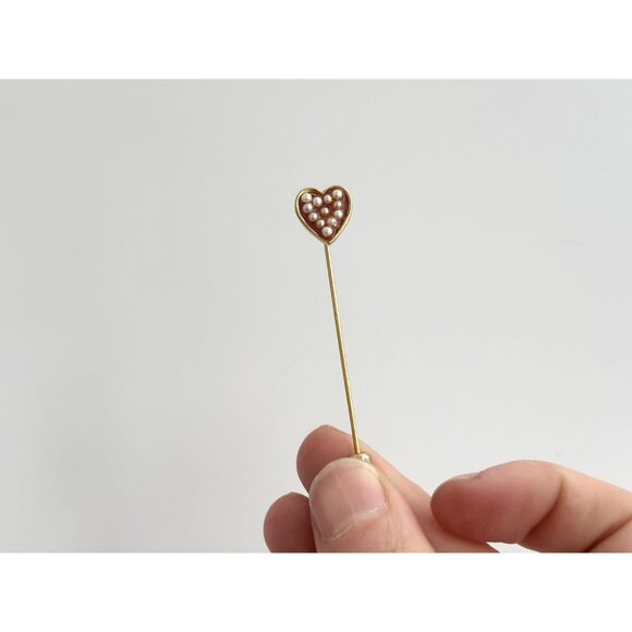 Heart Shaped Faux Pearl Accented Gold T Vintage Stick Pin | Hat Pin | Lapel Pin - Picture 9 of 10